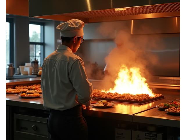プロの厨房で備長炭が燃えるコンロを背景に料理人が準備している