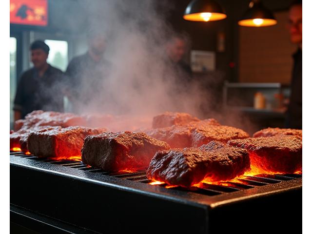 特徴的なデザインのカスタムグリルで肉を焼く専門店の様子