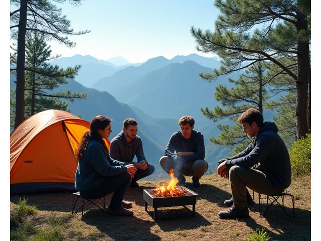 キャンプ場でコンログリルを使って野外調理をしている人々